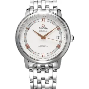 De Ville Co-Axial Chronometer 36.8mm White Dial with Rose Gold Markers in Steel on Bracelet