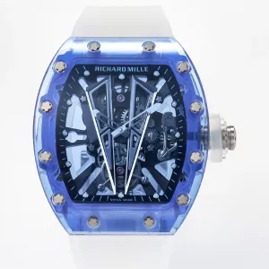 RM27-03 Blue Transparent Tourbillon MSF Best Edition Skull Dial on White Rubber Strap